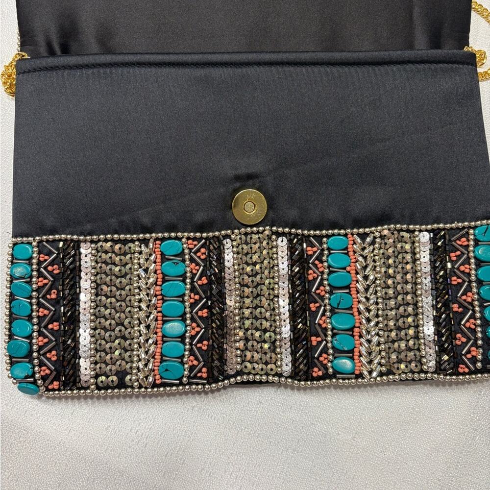 Black Clutch w/Turquoise & Metal Beading 10"x7" Excellent Condition - Picture 3 of 13